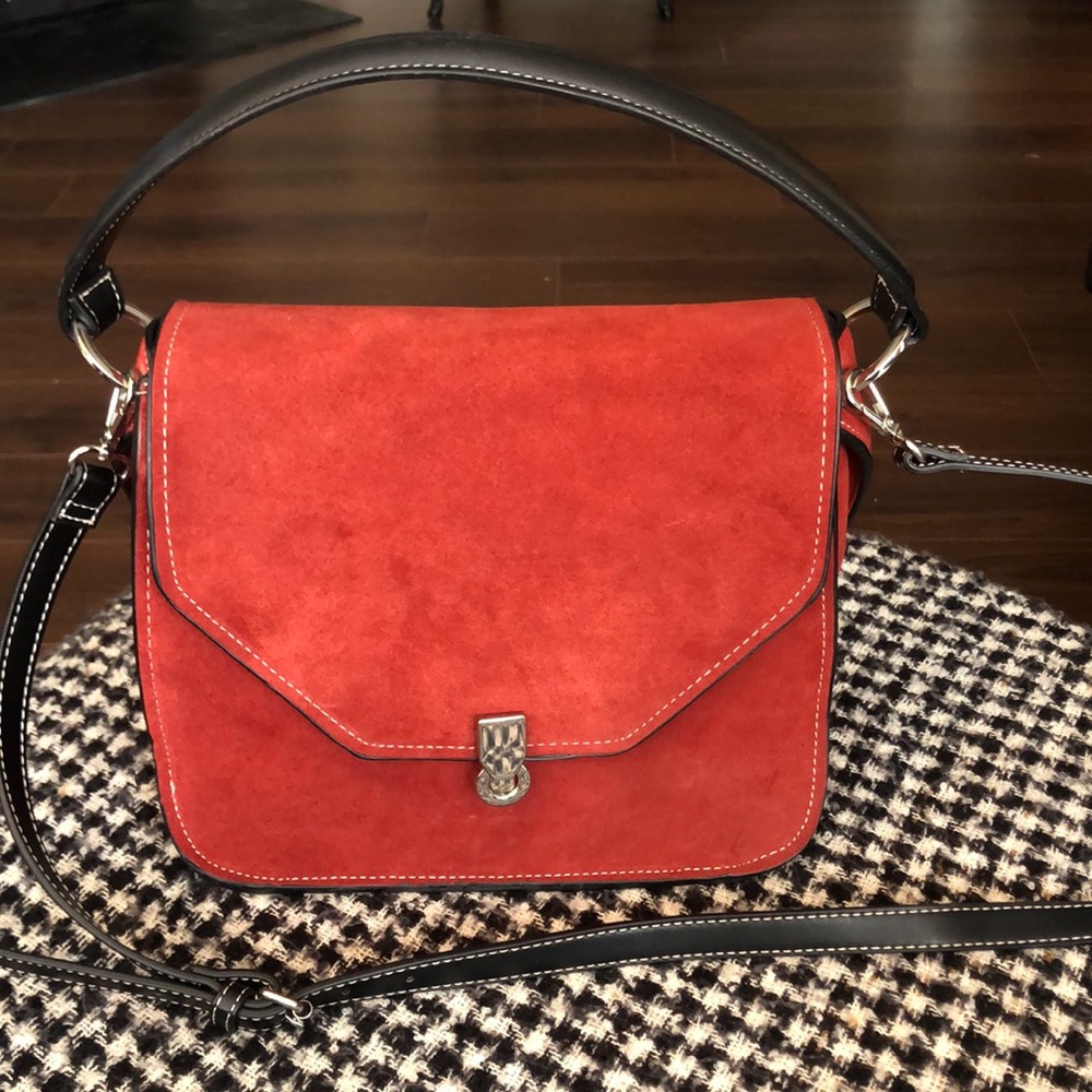 WHBM Handbag - brick red suede & black leather-adjustable/removable strap NWOT
